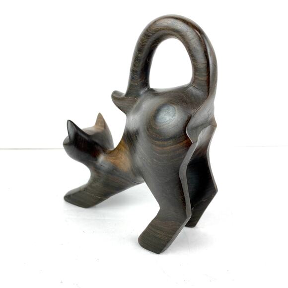 Hand Carved Dark Hardwood Cat Figurine Folk Art - Picture 3 of 9
